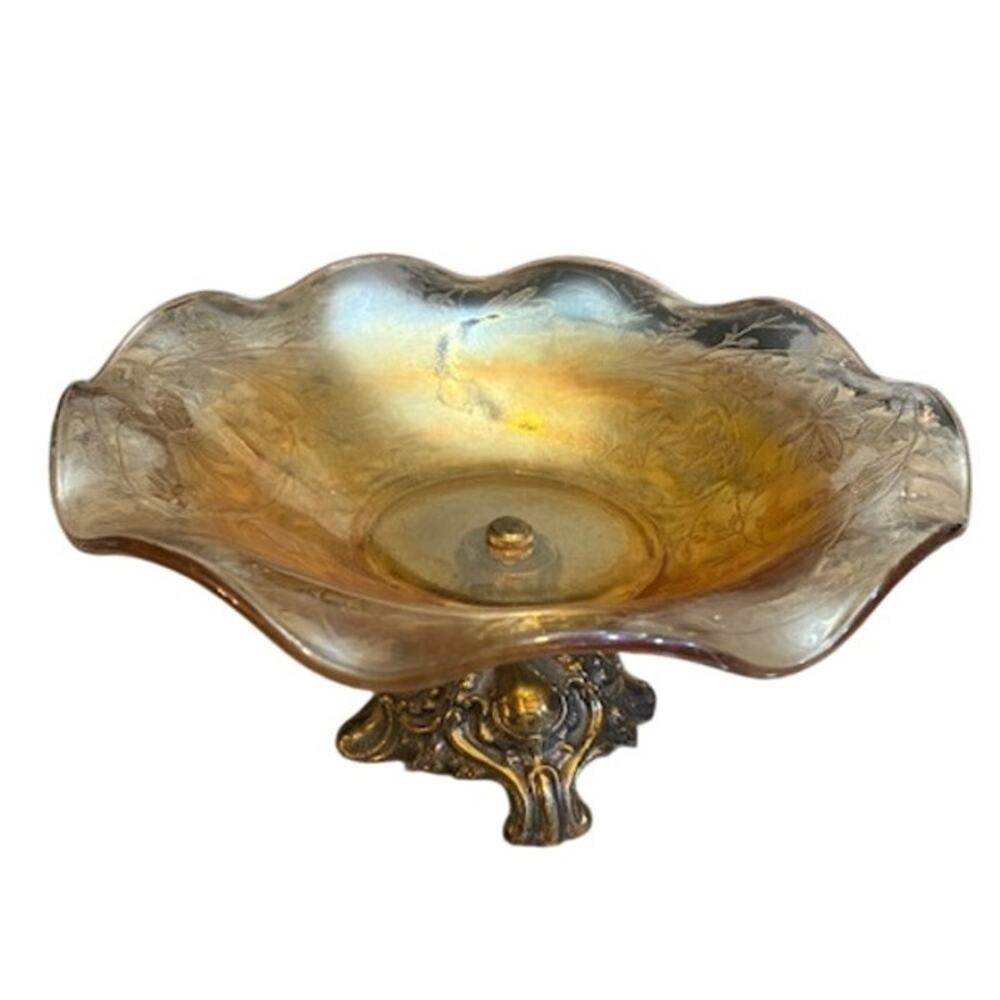 VINTAGE MARIGOLD FLUTED BOWL WITH BRASS PEDESTAL